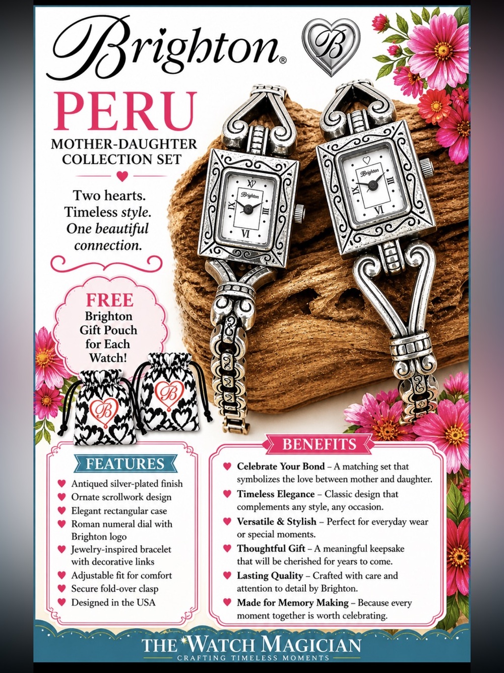 Brighton PERU Mother/Daughter Watch Set Silver Roman Dial Matching Gift Set